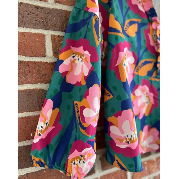 Michelle McDowell Floral Ruffle Blouse Green Pink Orange Long Sleeve M - Picture 2 of 8